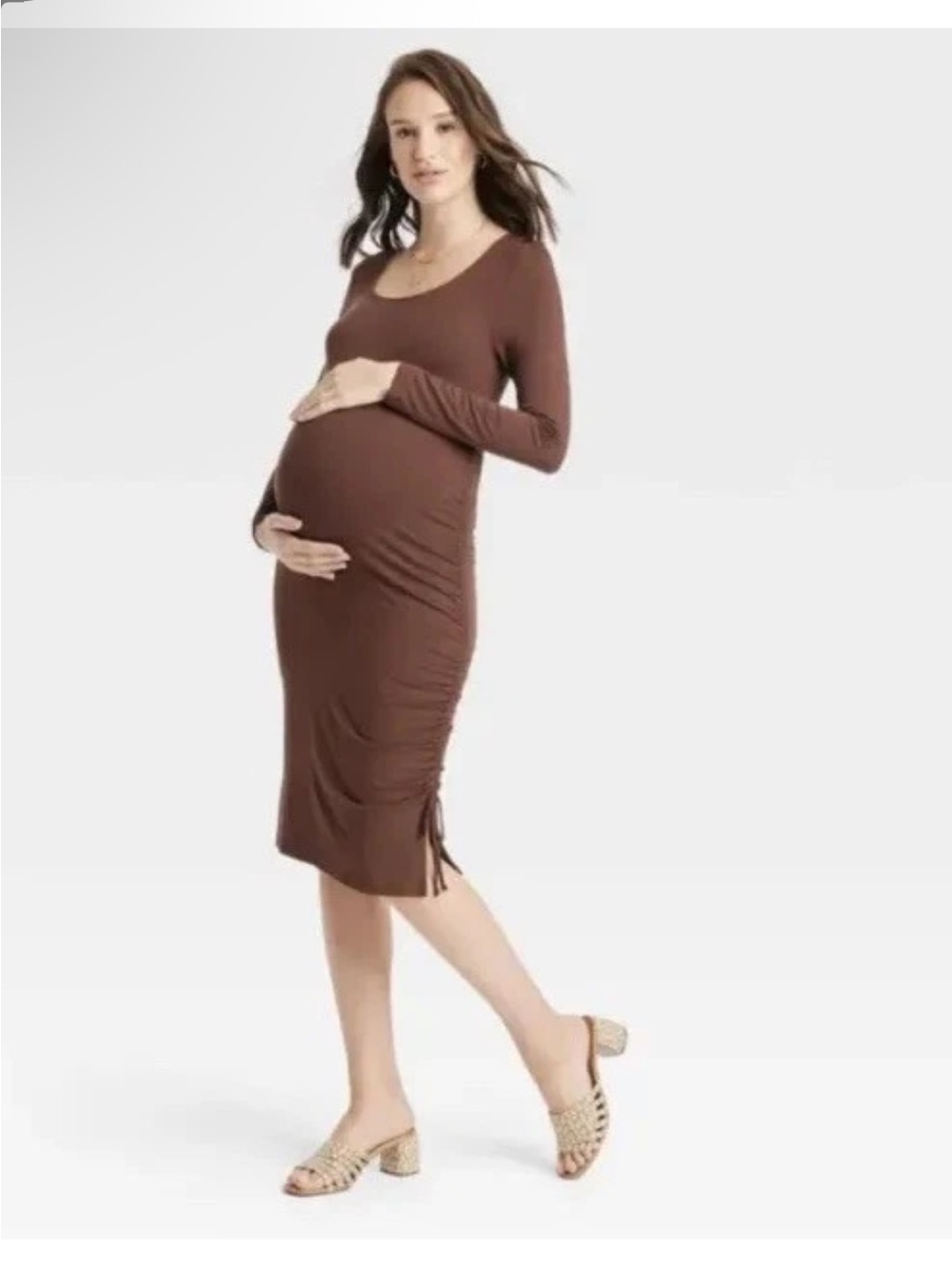 Isabel Maternity by Ingrid & Isabel Long-Sleeve Ruched Knee -Midi Dress in Brown